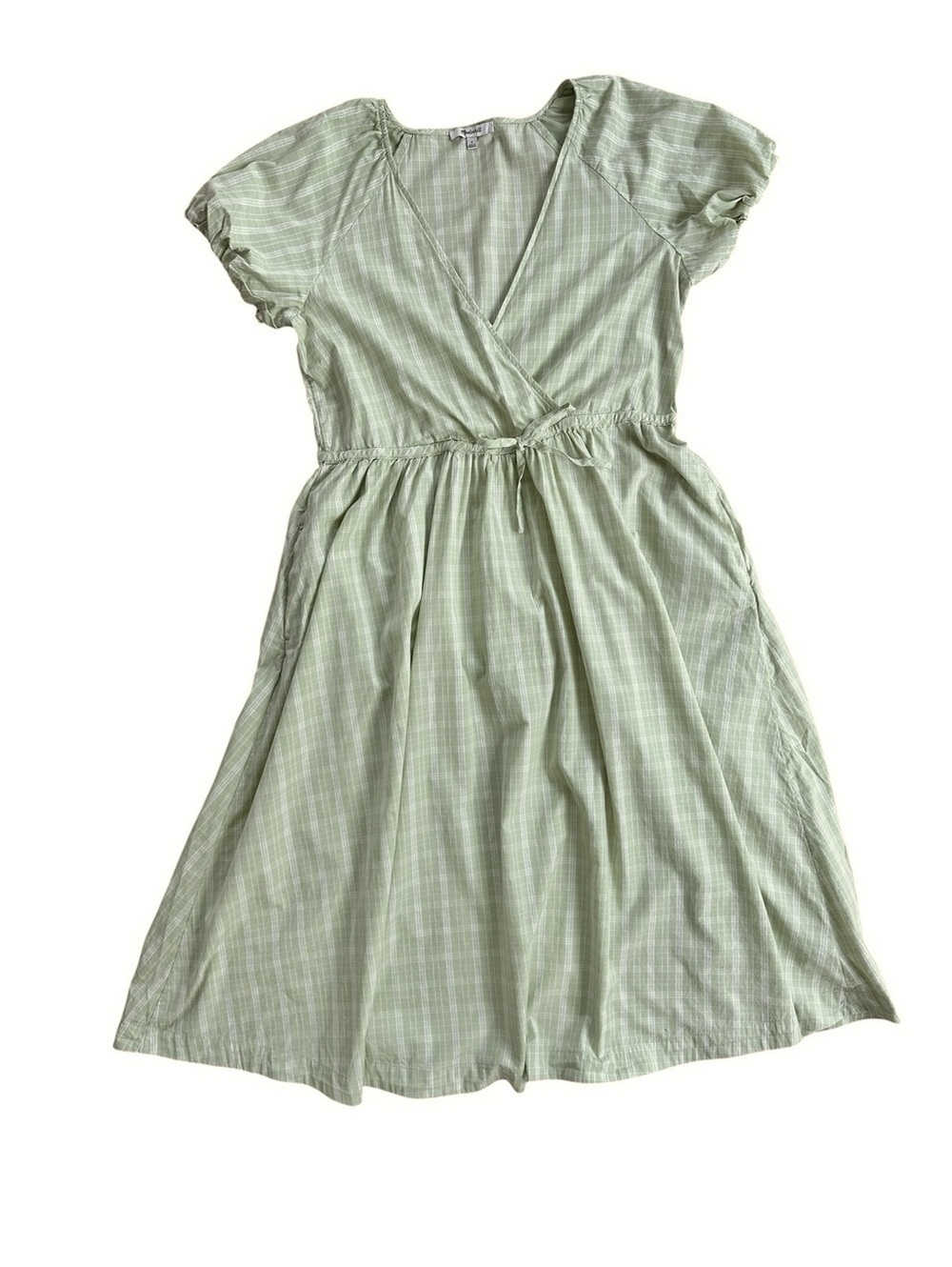 Madewell Light Green and White Plaid Puff Sleeve Cotton Midi Dress